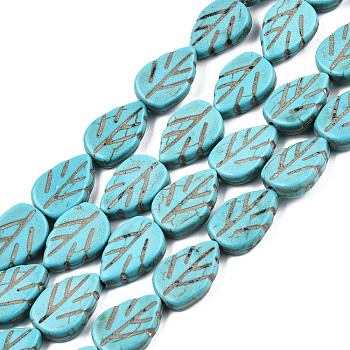 Gemstone Beads Strands, Synthetical Turquoise, Leaf, Dark Turquoise, 14x10x4mm, Hole: 2mm