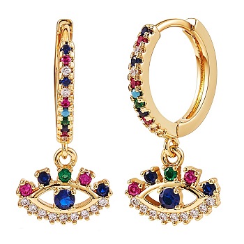 Evil Eye Cubic Zirconia Dangle Huggie Hoop Earrings, Real 18K Gold Plated Brass Drop Earrings for Women, Colorful, 26x16mm, Pin: 0.8mm