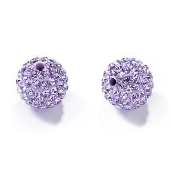 Polymer Clay Rhinestone Beads, Pave Disco Ball Beads, Grade A, Round, Half Drilled, Violet, 8mm, Hole: 1mm