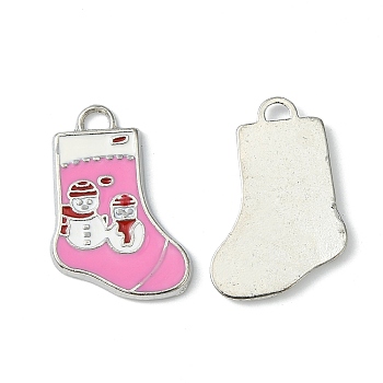 Alloy Enamel Pendants, Christmas Stockings Charms for Holiday Jewelry Making, Lead Free and Cadmium Free, Platinum Metal Color, Hot Pink, 24~26x15~16x2mm, Hole: 2mm