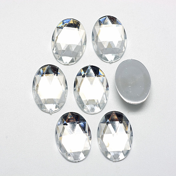Acrylic Rhinestone Flat Back Cabochons, Faceted, Bottom Silver Plated, Oval, Clear, 18x13x4.5mm