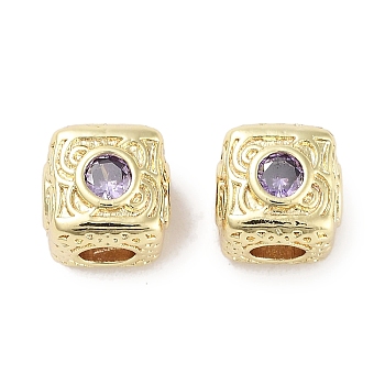 Brass Micro Pave Cubic Zirconia Beads, Cube, Real 18K Gold Plated, Lilac, 7.5x7.5x7.5mm, Hole: 3mm