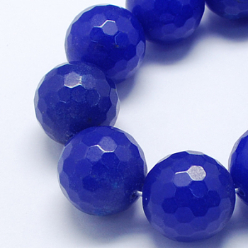 Natural Jade Bead Strands, Dyed, Faceted, Round, Blue, 12mm, Hole: 1mm, 32pcs/strand, 14.6 inch