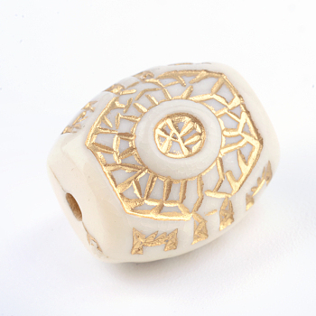 Column Plating Acrylic Beads, Golden Metal Enlaced, Beige, 16x14x13.5mm, Hole: 2mm, about 275pcs/500g