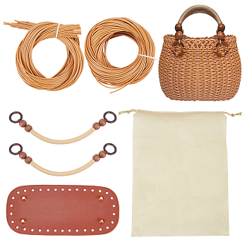 DIY Women's Plastic Rattan Woven Handbag Set, including Imitation Rattan Cord, Drawstring Bag Liner, Crochet Bag Base, Wood Bead Purse Handle, Peru, 20~44.7x8.9~34.3x0.1~0.95cm