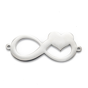 304 Stainless Steel Links Connectors, Infinity with Heart, Stainless Steel Color, 17.3x42.5x1.4mm, Hole: 1.6mm