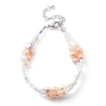 Multi-strand Bracelets, with Glass Seed Beads, Natural Pearl Beads, Glass Beads and 304 Stainless Steel Lobster Claw Clasps, Seashell Color, 7-5/8 inch(19.5cm)
