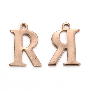 Ion Plating(IP) 304 Stainless Steel Alphabet Charms, Rose Gold, Letter.R, 12x9x1mm, Hole: 1mm