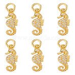 6Pcs Brass Micro Pave Cubic Zirconia Pendants, with Jump Ring, Sea Horse Charms, Real 18K Gold Plated, 16x5.5x2.5mm, Hole: 3.2mm(KK-LP0001-41)
