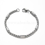 Tarnish Resistant Box Chain Bracelets, 304 Stainless Steel Bracelets, with Tube Beads and Lobster Claw Clasps, Stainless Steel Color, 210x4mm(X-BJEW-M125-01P)
