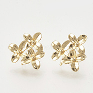 Brass Stud Earring Findings, with Loop, Flower, Nickel Free, Real 18K Gold Plated, 14.5x15mm, Hole: 1mm, Pin: 0.8mm(KK-T027-108G)