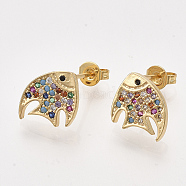 Brass Micro Pave Cubic Zirconia Stud Earrings, with Ear Nuts/Earring Back, Fish, Colorful, Golden, 10x10.5mm, Pin: 1mm(ZIRC-T006-77G)