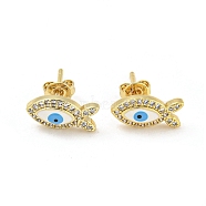 Fish with Evil Eye Real 18K Gold Plated Brass Stud Earrings, with Enamel and Clear Cubic Zirconia, Deep Sky Blue, 6x12mm(EJEW-L269-104G-01)