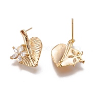Brass Micro Pave Cubic Zirconia Ear Stud Components, with Loop, Heart Leaf, Long-Lasting Plated, Nickel Free, Real 18K Gold Plated, 19.5x17.5x2.5mm, Hole: 1mm, Pin: 0.6mm(MAK-I010-09G)