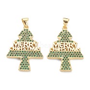 Brass Micro Pave Cubic Zirconia Pendants, Long-Lasting Plated, Real 18K Gold Plated, Christmas Tree with Word Merry Christmas, Green, 30x21x2mm, Hole: 5x3.3mm(ZIRC-J038-02D)