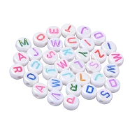 Opaque White Acrylic Beads, Metal Enlaced, Flat Round with Mixed Color Letters, 7x3.5mm, Hole: 1.8mm, about 1480pcs/200g(sgMACR-SZ0001-10)