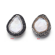 Natural Keshi Pearl Beads, Cultured Freshwater Pearl, with Polymer Clay Rhinestone(Front: Crystal & Jet, Back: Jet Hematite & Light Colorado Topaz), White, 23~26x21~25x6~7mm, Hole: 1mm(BSHE-L002-03)