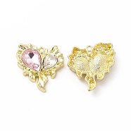 Rack Plating Alloy with Glass Pendants, Light Gold, Heart with Teardrop Charms, Cadmium Free & Nickel Free & Lead Free, Pink, 29.5x27x16.5mm, Hole: 1.8mm(FIND-G051-05LG-02)