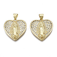 Brass Micro Pave Clear Cubic Zirconia Pendants, Lady of Guadalupe Charms, Nickel Free, Heart with Virgin Mary, Real 16K Gold Plated, 22x22x4.5mm, Hole: 3.5x4.5mm(KK-Q769-028-NF)