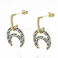 Brass Micro Pave Cubic Zirconia Dangle Stud Earrings, with Earring Backs, Nickel Free, Moon, Real 16K Gold Plated, Colorful, 30mm, Pin: 0.8mm(EJEW-S208-133A-NF)