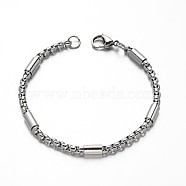 Box Chain Bracelets, 304 Stainless Steel Bracelets, with Tube Beads and Lobster Claw Clasps, Stainless Steel Color, 210x4mm(X-BJEW-M125-01P)