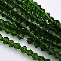 ファセット双円錐形のガラスビーズストランド, 緑, 4x4ミリ, 穴：1ミリ, 約92~96個/ストランド, {1インチ