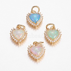 Brass Micro Pave Cubic Zirconia Charms, with Synthetic Opal, Heart, Golden, Mixed Color, 14x11.5x5mm, Hole: 4mm(ZIRC-G141-01G)