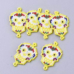 Handmade Japanese Seed Beads Links, with Nylon Wire, Loom Pattern, Sugar Skull, For Mexico Holiday Day of the Dead, Yellow, 33x22x1.8mm, Hole: 1~1.6mm(SEED-S025-27D)