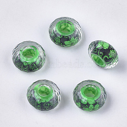 Resin European Beads, Large Hole Beads, Faceted, Rondelle, Flower Pattern, Lime Green, 14x8mm, Hole: 4.5~5mm(RPDL-S013-14A)