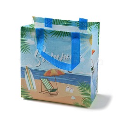 Summer Theme Printed Non-Woven Reusable Folding Gift Bags with Handle, Portable Waterproof Shopping Bag for Gift Wrapping, Rectangle, Sandy Brown, 11x21.5x23cm, Fold: 28x21.5x0.1cm(ABAG-F009-B04)
