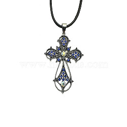 Cross Zinc Alloy Pendant Necklace, with Rhinestone, Capri Blue, 19.69 inch(50cm)(VJ0126-03)