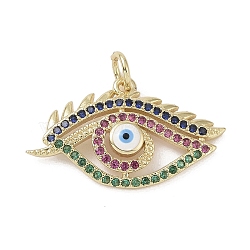 Real 18K Gold Plated Brass Micro Pave Cubic Zirconia Pendants, with Enamel and Jump Ring, Evil Eye Charms, White, 15x25x4mm, Hole: 3.4mm(KK-L209-070G-02)