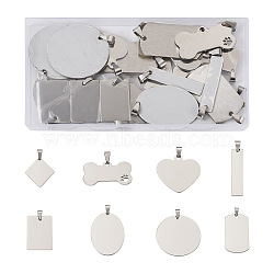 32Pcs 8 Style 201 Stainless Steel Stamping Blank Tag Pendants, for Necklace Men Jewelry Making, Heart & Rectangle & Bone, Stainless Steel Color, 20~43x20~42x1mm, Hole: 3~8.5x3~5mm(STAS-CW0001-10)