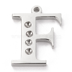 304 Stainless Steel Letter Pendant Rhinestone Settings, Stainless Steel Color, Letter.F, F: 15x11.5x1.5mm, Hole: 1.2mm, Fit for 1.6mm rhinestone(STAS-J028-01F)