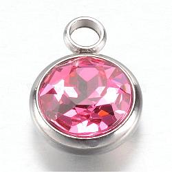 304 Stainless Steel Glass Rhinestone Charms, October Birthstone Charms, Faceted, Flat Round, Pearl Pink, 14x10x7mm, Hole: 2.5mm(STAS-G082-11)