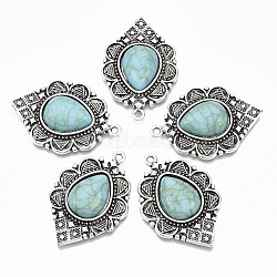 Tibetan Style Alloy Pendants, with Synthetic Turquoise, Cadmium Free & Lead Free, Teardrop, Antique Silver, 36.5x25x6mm, Hole: 1.8mm(X-PALLOY-R113-001-RS)