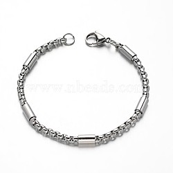 Box Chain Bracelets, 304 Stainless Steel Bracelets, with Tube Beads and Lobster Claw Clasps, Stainless Steel Color, 210x4mm(X-BJEW-M125-01P)