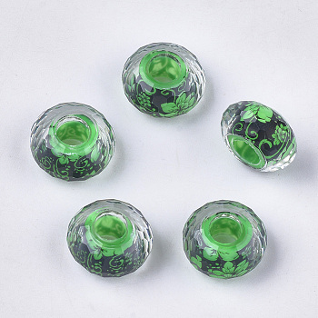 Resin European Beads, Large Hole Beads, Faceted, Rondelle, Flower Pattern, Lime Green, 14x8mm, Hole: 4.5~5mm