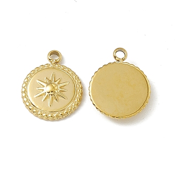 Vacuum Plating 201 Stainless Steel Pendants, Flat Round with Sun Pattern Charm, Real 18K Gold Plated, 12.5x10x2mm, Hole: 1.5mm