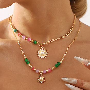 Sun Alloy Plastic Pearl Pendant Necklaces for Women, Glass Beads Necklaces, Golden, 14.96 inch(38cm)