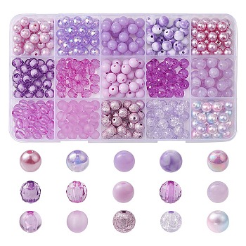 375Pcs 15 Styles Acrylic Beads, Round, Violet, 7.5~8mm, Hole: 1.5~2mm, 25pcs/style