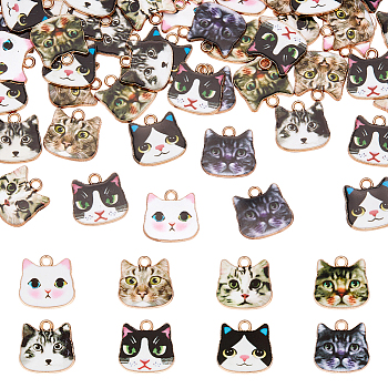 80Pcs 8 Style Printed Alloy Pendants, Cat Head, Mixed Color, 17x17.5x1.5mm, Hole: 2mm, 10pcs/style