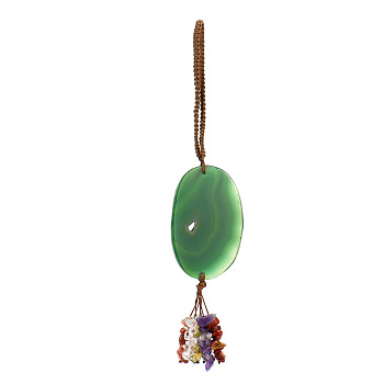 Natural Agate Slice Pendant Decorations, Braided Polyester Thread and Gemstone Chip Tassel Hanging Ornaments, Green, 205~210mm