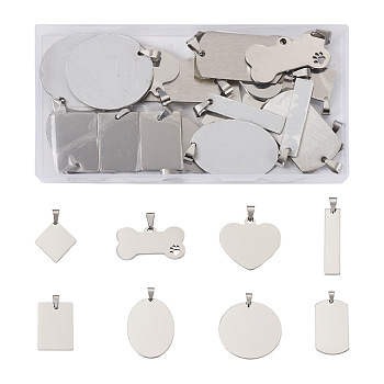 32Pcs 8 Style 201 Stainless Steel Stamping Blank Tag Pendants, for Necklace Men Jewelry Making, Heart & Rectangle & Bone, Stainless Steel Color, 20~43x20~42x1mm, Hole: 3~8.5x3~5mm
