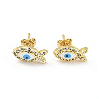 Fish with Evil Eye Real 18K Gold Plated Brass Stud Earrings, with Enamel and Clear Cubic Zirconia, Deep Sky Blue, 6x12mm