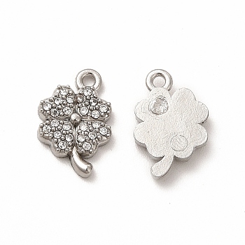 316 Surgical Stainless Steel with Crystal Rhinestone Charms, Clover, Stainless Steel Color, 12x8x2mm, Hole: 1mm
