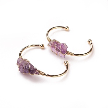 Long-Lasting Plated Brass Cuff Bangles, with Natural Amethyst, Nuggets, Golden, 1-3/8 inchx2-3/8 inch(3.8x6cm), 2.8mm