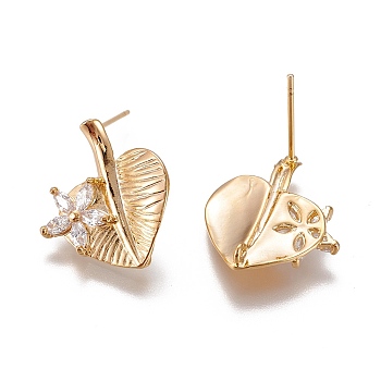 Brass Micro Pave Cubic Zirconia Ear Stud Components, with Loop, Heart Leaf, Long-Lasting Plated, Nickel Free, Real 18K Gold Plated, 19.5x17.5x2.5mm, Hole: 1mm, Pin: 0.6mm