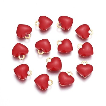 Brass Charms, with Enamel, Enamelled Sequins, Long-Lasting Plated, Nickel Free, Real 18K Gold Plated, Heart, Red, 10x9x2mm, Hole: 1.6mm