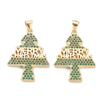 Brass Micro Pave Cubic Zirconia Pendants, Long-Lasting Plated, Real 18K Gold Plated, Christmas Tree with Word Merry Christmas, Green, 30x21x2mm, Hole: 5x3.3mm
